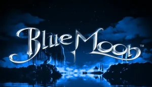 Blue Moon game artwork with silver lettering above a moonlit tropical bay