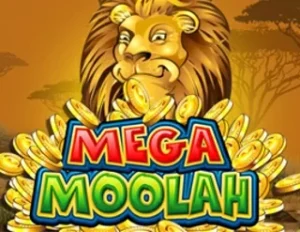 Mega Moolah logo beneath a smiling lion and a pile of gold coins